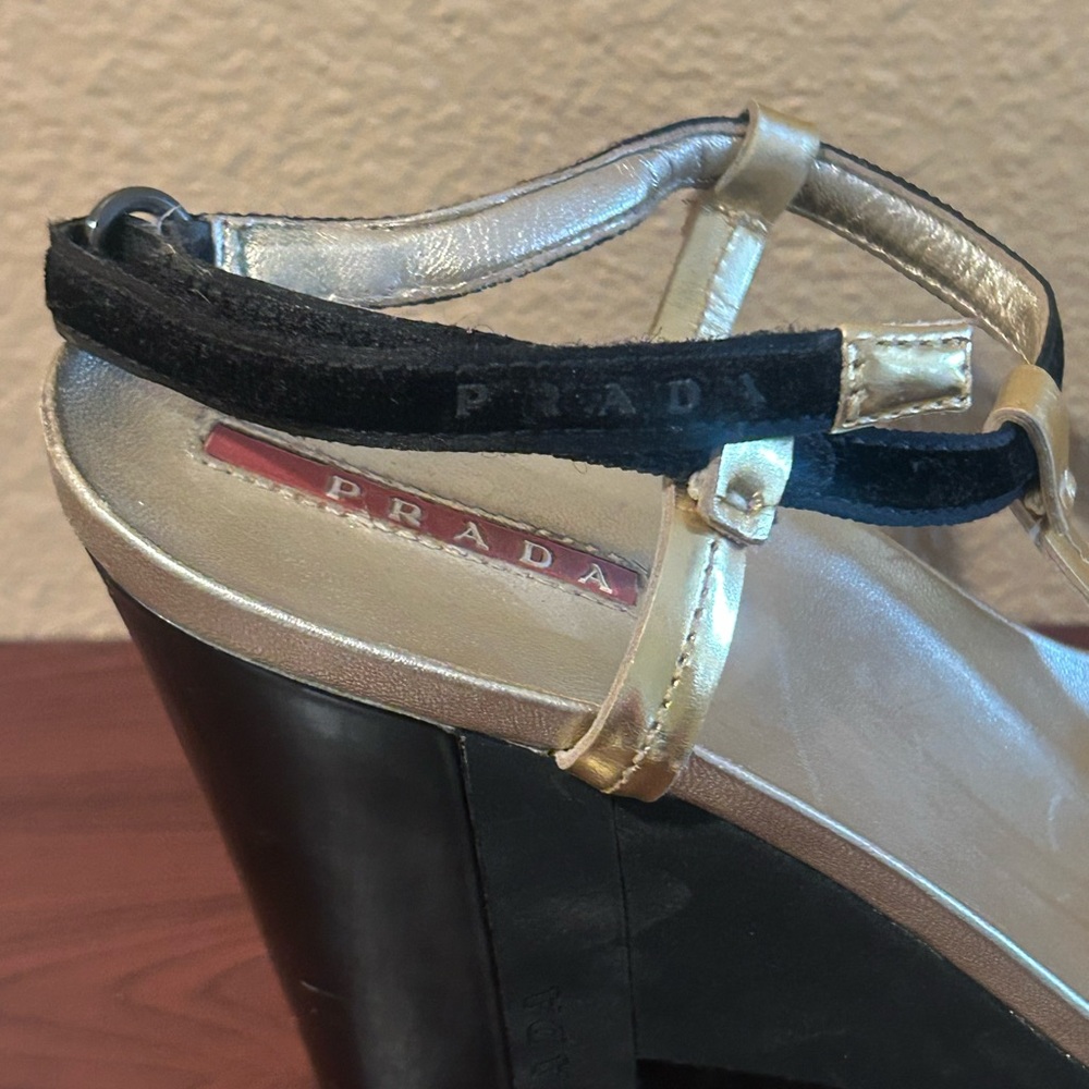 Prada Black and Gold Wedge Sandals - Picture 3 of 6